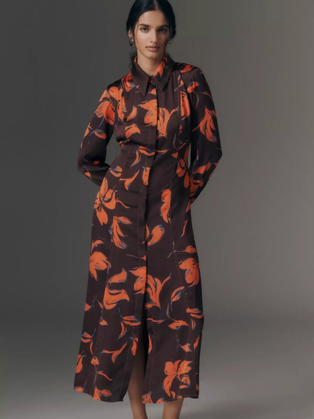 Anthropologie Exquise Long-Sleeve Satin Shirtdress, Purple/Orange Floral, XXS